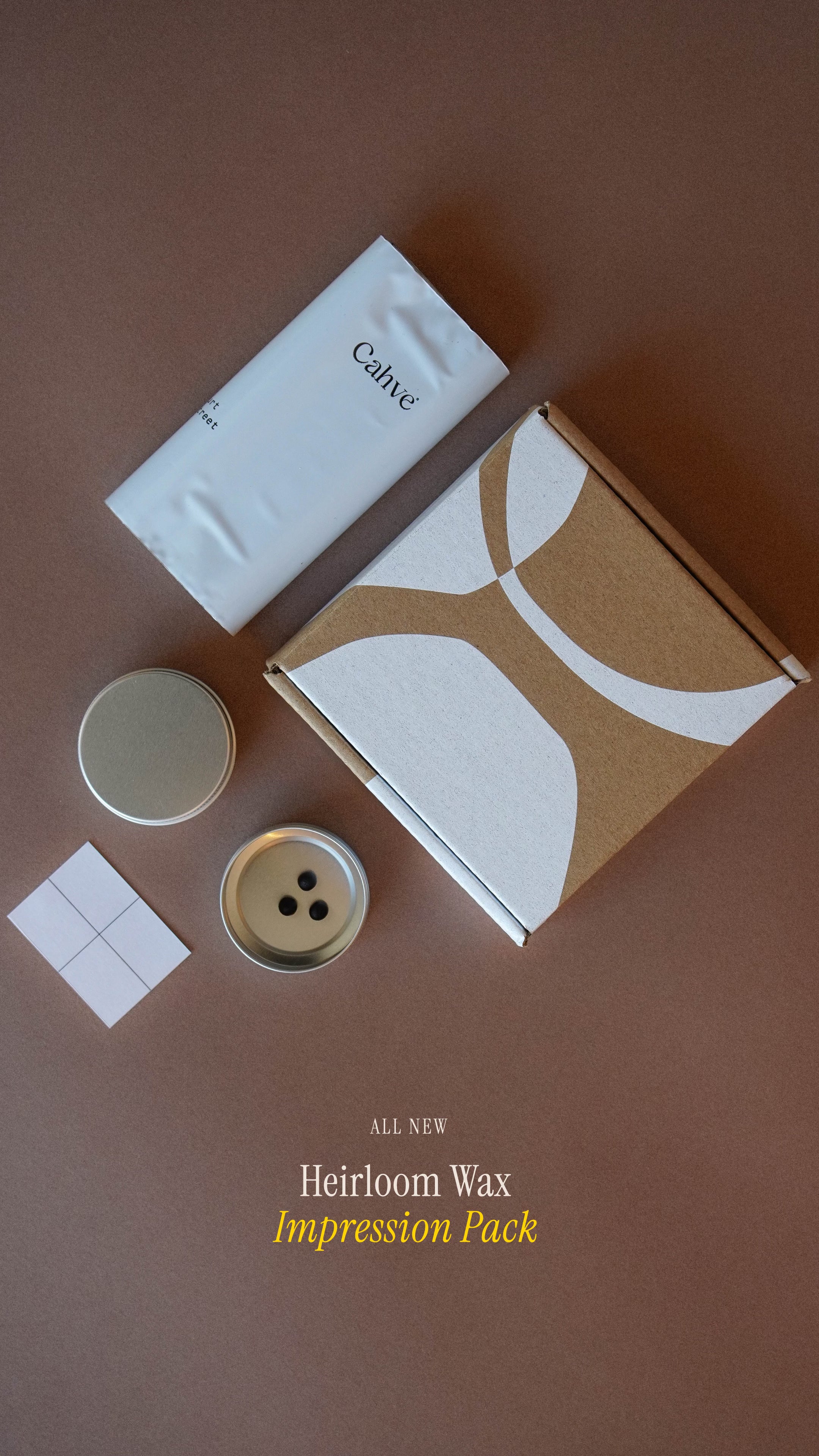 Your pack: the Heirloom Wax Impression Pack laid out: pouch, wax tins, pads and box