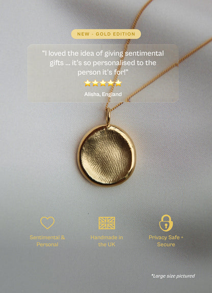 Gold necklace with a textured pendant on a light gray background, featuring customer review and product features.